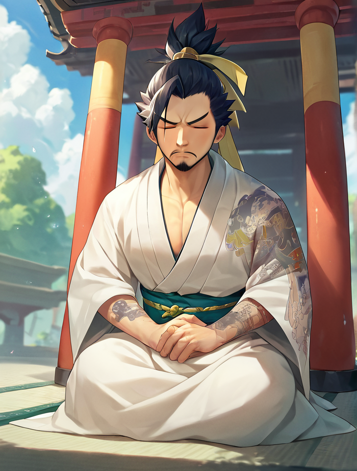 127853-hanzo 1boy male focus solo japanese clothes sakura outdoors temple seiza on 821aa5537f.png